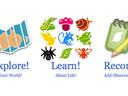 Map icon "Explore! Your World!"; nature icons "Learn! About Life!"; notebook "Record! Add Observations!"