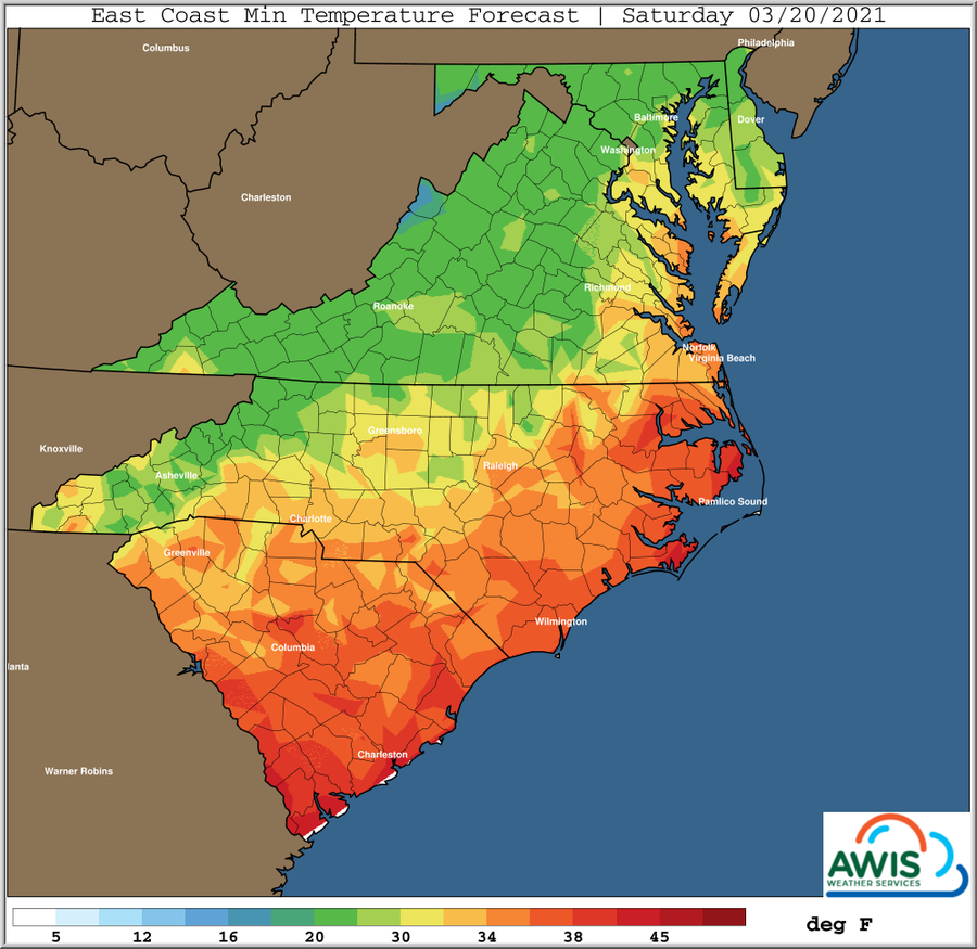 Minimum temp forecast for Saturday map