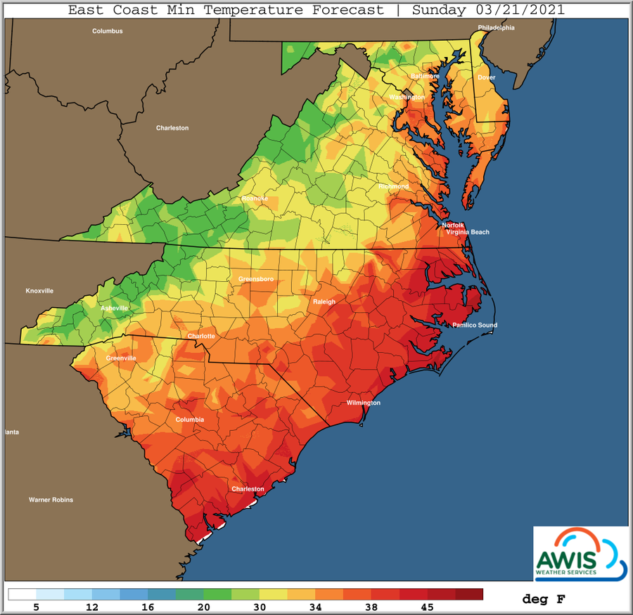 Minimum temp forecast for Sunday map