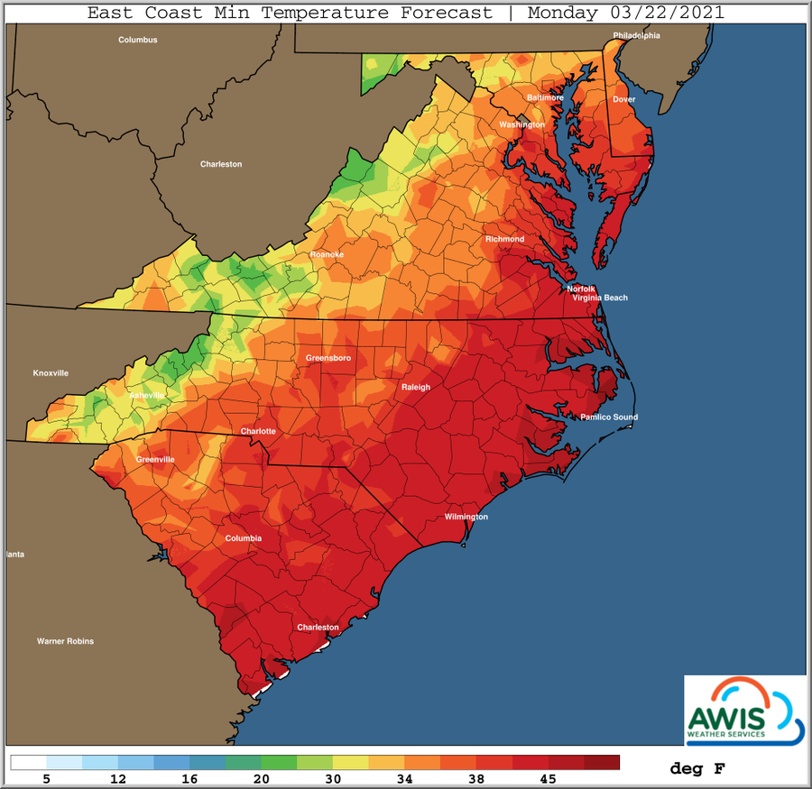 Minimum temp forecast for Monday map