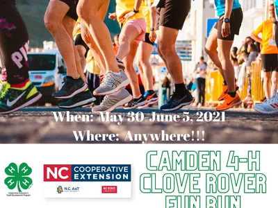 Runners' feet; text: "When: May 30–June 5, 2021" and "Camden 4‑H Clove Rover Fun Run"