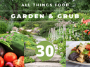 Garden pathway with flowers, inset vegetables and salad; text "ALL THINGS FOOD", "GARDEN & GRUB", "30"