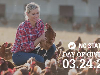 Woman holding a hen among chickens; text "NC STATE DAY OF GIVING 03.24.21"