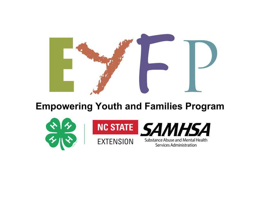 Empowering Youth and Families Logo with colorful letters, 4H logo, NC State Extension logo, and SAMHSA logo