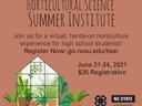Flyer that shows a greenhouse and invites youth to participate in the Horticultural Science Summer Institute