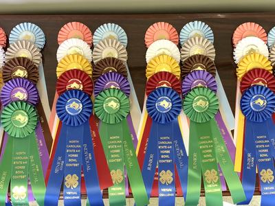 Colorful award rosettes reading "North Carolina State 4‑H Horse Bowl Contest," labeled Individual/Junior/Senior