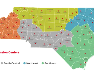 N.C. Cooperative Extension Centers and Districts on state map