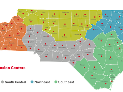 N.C. Cooperative Extension Centers and Districts on state map