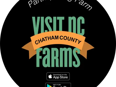 Participating Farm badge: "Visit NC Farms" with "Chatham County" banner and App Store/Google Play icons