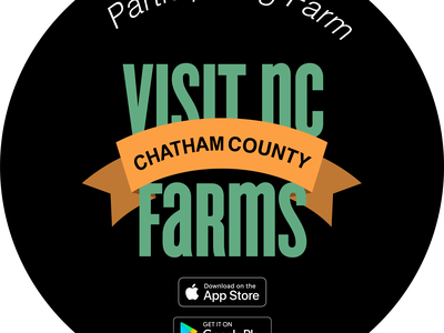 Participating Farm badge: "Visit NC Farms" with "Chatham County" banner and App Store/Google Play icons