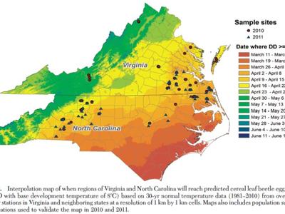 Virginia and North Carolina map showing predicted cereal leaf beetle egg peak dates and sample sites
