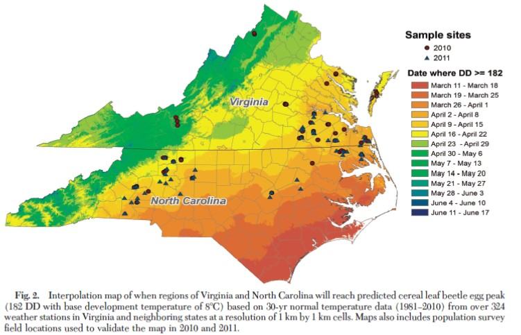 Map of North Carolina and Virginia showing average time when degree days exceed 182