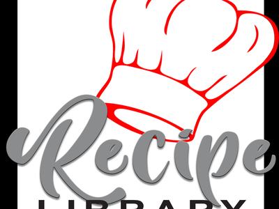 Red outline chef's hat above gray script "Recipe" and black "LIBRARY" text