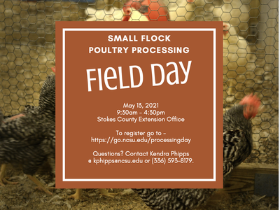 Chickens behind wire mesh with flyer: "Small Flock Poultry Processing FIELD DAY May 13, 2021"