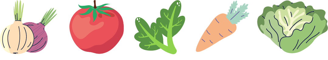 picture of onions, a tomatoe, greens, carrots and lettuce.