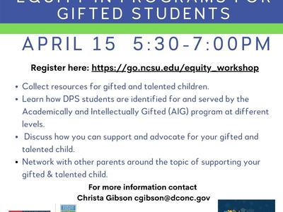 Equity in Programs for Gifted Students workshop — April 15, 5:30–7:00 PM