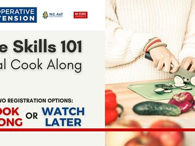 Knife Skills 101: Virtual Cook Along banner; hands slicing cucumber on cutting board
