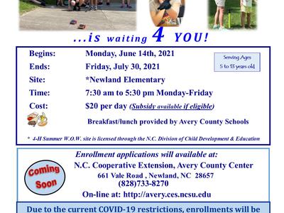 Avery County 2021 4‑H Summer W.O.W. Program flyer — June 14–July 30, 7:30am–5:30pm, ages 5–13