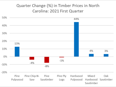 Bar chart: quarter percent change in North Carolina timber prices Q1 2021 — Pine Pulpwood +13%, Pine Chip-N-Saw -4%, Pine Sawtimber -8%, Pine Ply Logs -1%, Hardwood Pulpwood +44%, Mixed Hardwood Sawtimber +4%, Oak Sawtimber +3%