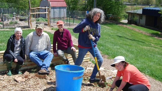 Gardener with a shovel and other gardeners looking on or helping