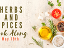 Herbs and Spices Cook Along — May 19th; oil, salt, pepper, tomato, garlic, rosemary on wooden board