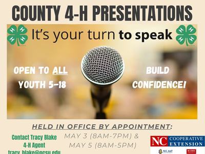 COUNTY 4-H PRESENTATIONS flyer: microphone, text "It's your turn to speak", open to all youth 5–18