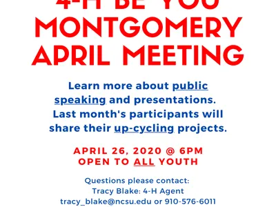 4-H BE YOU Montgomery April meeting flyer — April 26, 2020 @ 6PM; public speaking and up-cycling