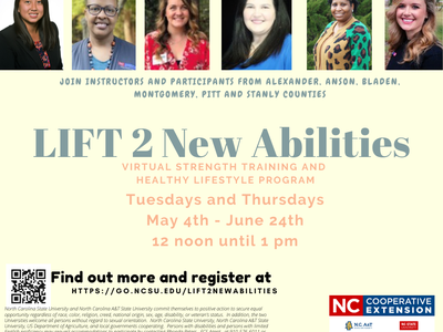 Flyer: LIFT 2 New Abilities virtual strength training, Tuesdays & Thursdays May 4–June 24, 12–1 pm