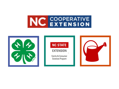 NC Cooperative Extension logo above three icons: 4-H clover, NC State Extension text, red watering can.