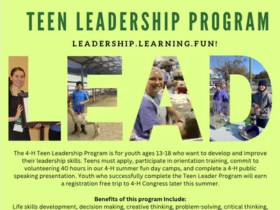 Pitt County 4‑H Teen Leadership Program poster — LEAD; ages 13–18; volunteer 40 hours