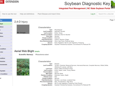Soybean Diagnostic Key webpage showing entries "2,4-D Injury" and "Aerial Web Blight"