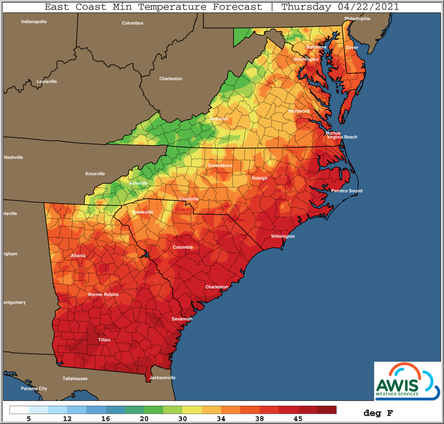 Minimum temp forecast Thursday chart image