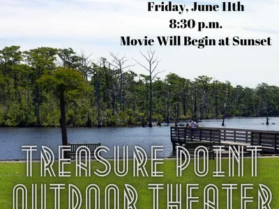 Lakeside pier and grassy park; text: "Fri, June 11 8:30 p.m.; Treasure Point Outdoor Theater"