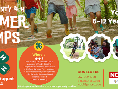 Kids running; text: Pitt County 4‑H Summer Camps; Youth 5–12; June–August 2024
