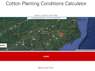 Cotton Planting Conditions Calculator header; North Carolina satellite map with red pin; SUBMIT