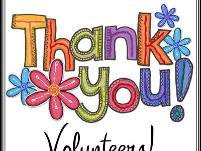 Colorful hand-drawn text "Thank you! Volunteers!" with decorative flowers