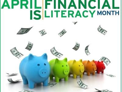 Row of colorful piggy banks with falling dollar bills; text "APRIL IS FINANCIAL LITERACY MONTH"