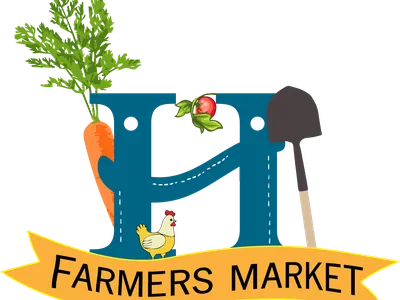 Stylized letter H with carrot, tomato, shovel, chicken and banner reading FARMERS MARKET