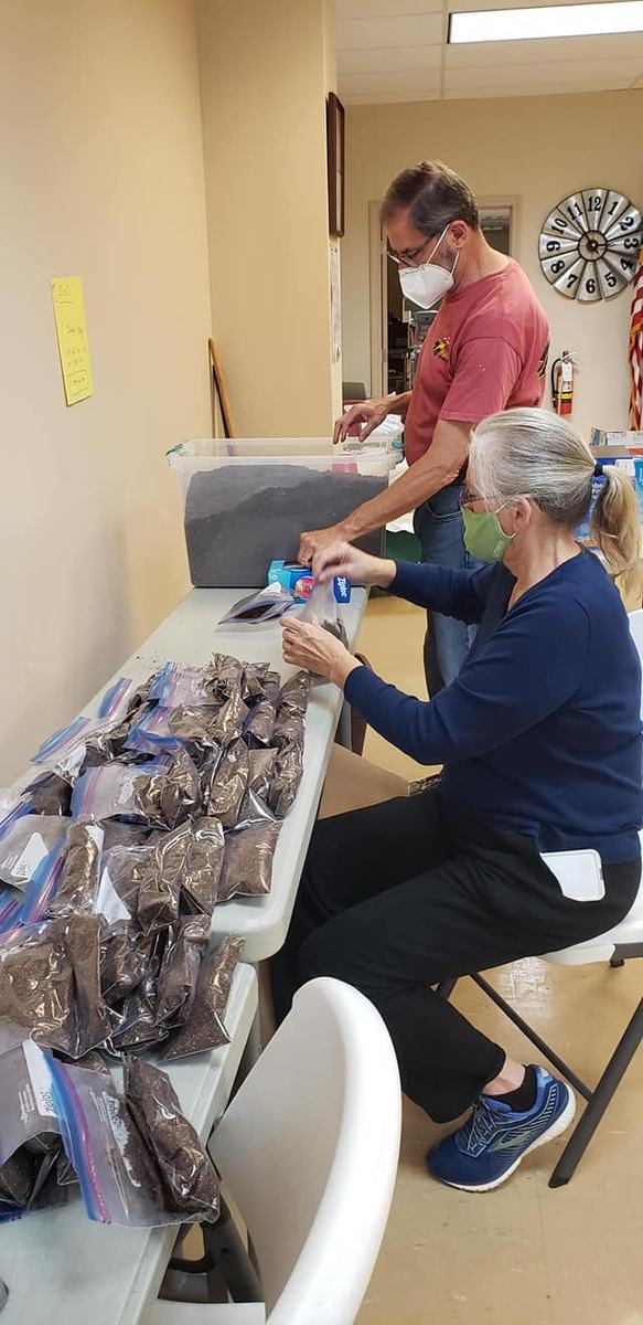 Volunteers working diligently on packing seed kits