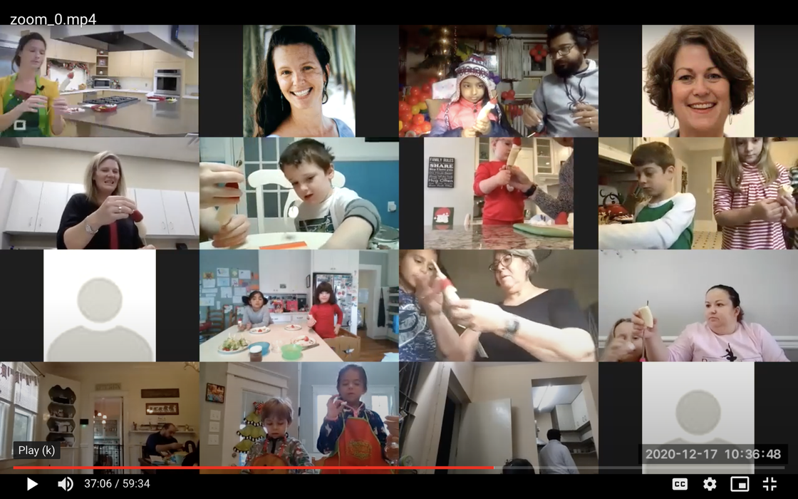Sarah teaching the Holiday Bites virtual cooking class with families from all over the world