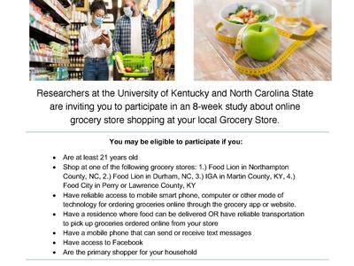 University of Kentucky research flyer: Online Grocery Shopping study; text "GROCERY20" to 474747