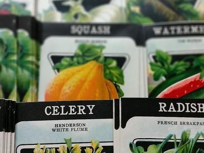 A display rack of vintage seed packets