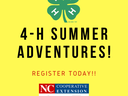 Green 4‑H clover, text "4-H SUMMER ADVENTURES! REGISTER TODAY!!", NC Cooperative Extension logo