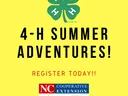 Green 4‑H clover, text "4-H SUMMER ADVENTURES! REGISTER TODAY!!", NC Cooperative Extension logo