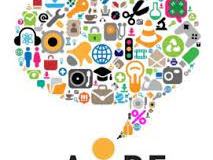Stylized person with colorful icons forming a speech bubble above and text "AORE"