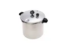Stainless steel pressure cooker with closed lid, pressure gauge and side handles