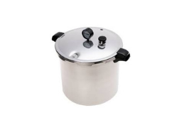 Stainless steel pressure cooker with closed lid, pressure gauge and side handles