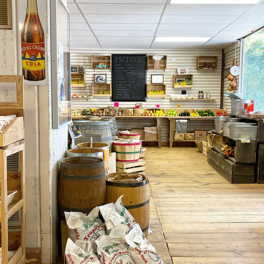 Shelves with food on them