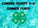 Camden County 4-H SUMMER FUN!!! text over turquoise water with green 4‑leaf 4‑H clover