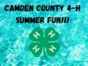 Camden County 4-H SUMMER FUN!!! text over turquoise water with green 4‑leaf 4‑H clover